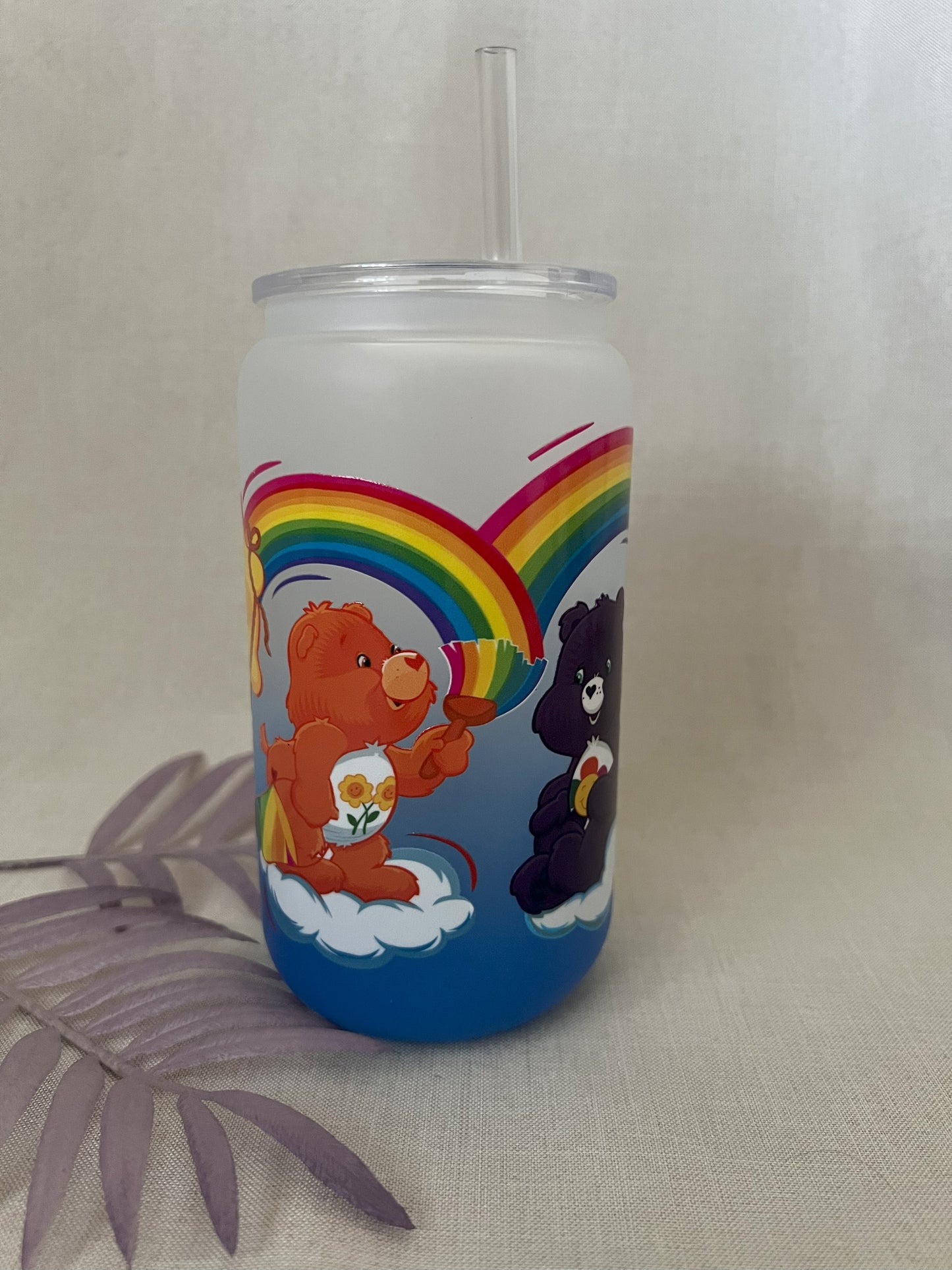 Bears 16oz Blue Ombre Glass Can with Plastic Lid & Straw