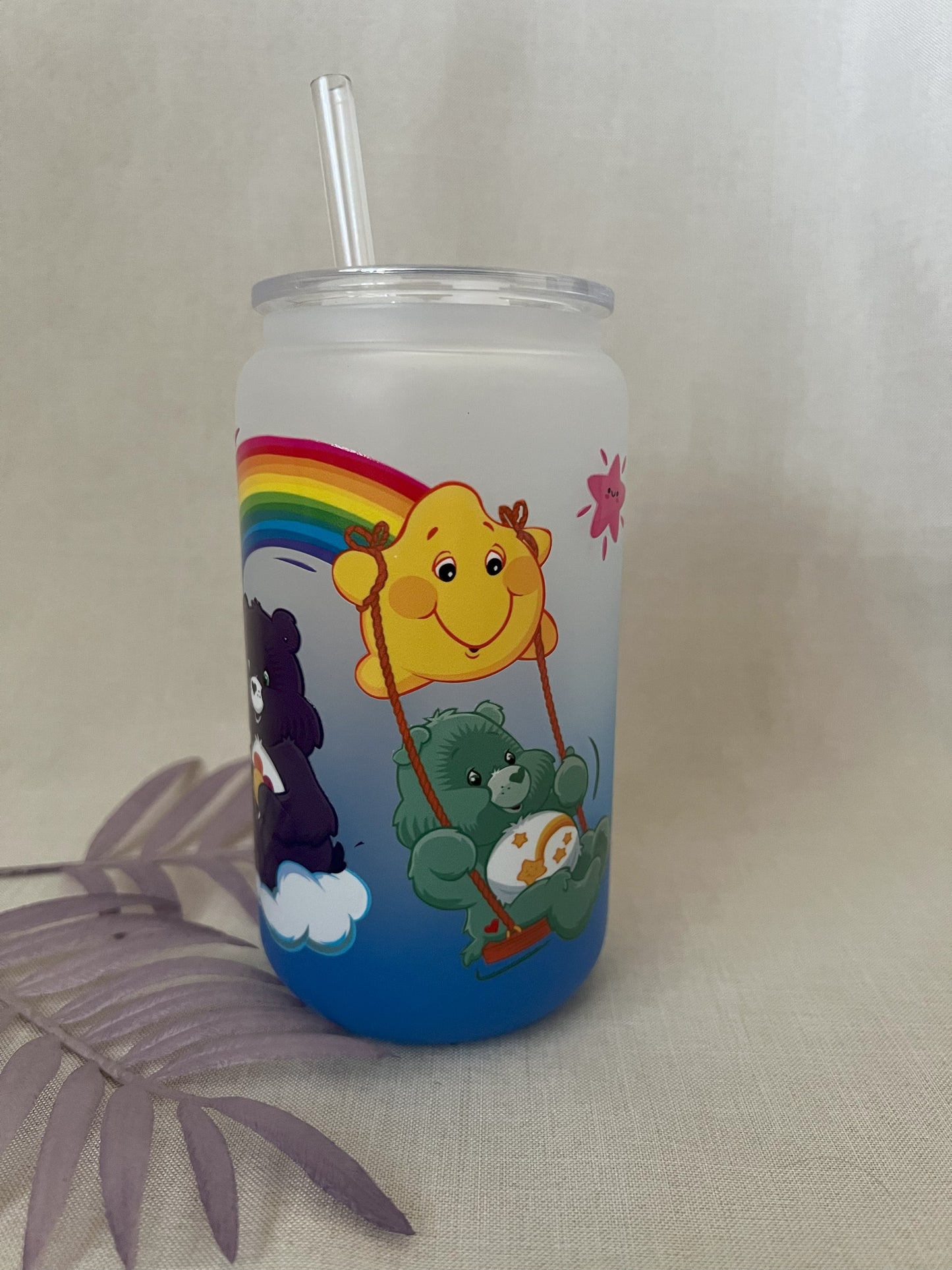 Bears 16oz Blue Ombre Glass Can with Plastic Lid & Straw