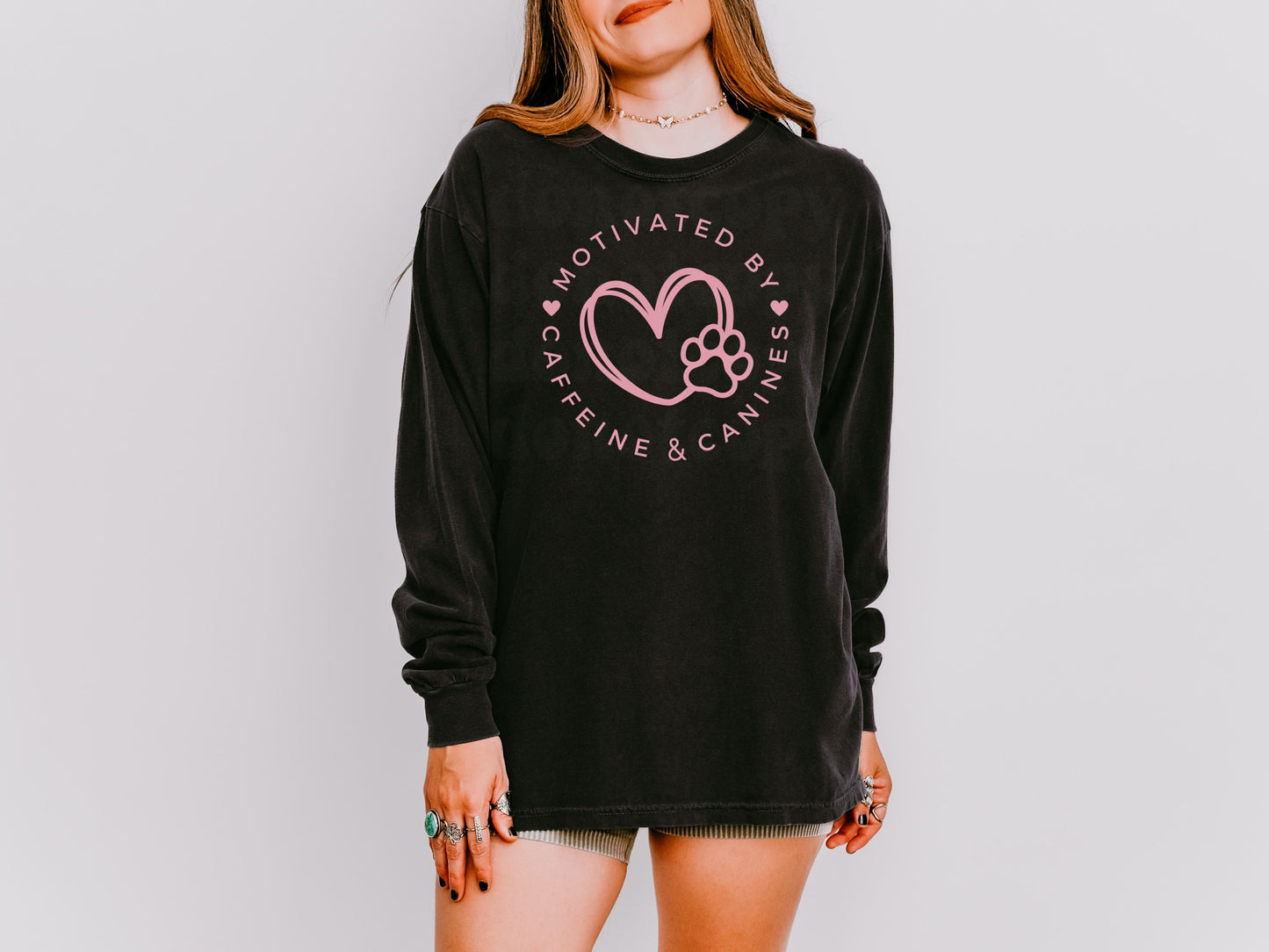 Motivated by Canines & Caffeine with POCKET & BACK in Pink Ink