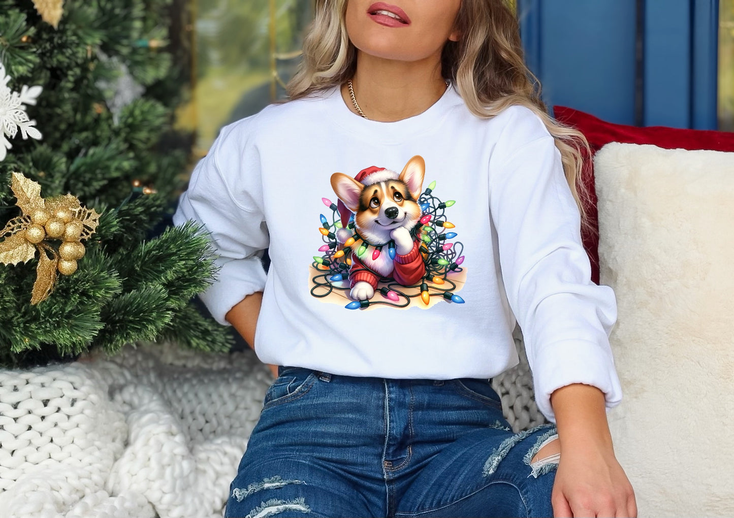 Corgi Tangled in Christmas Lights