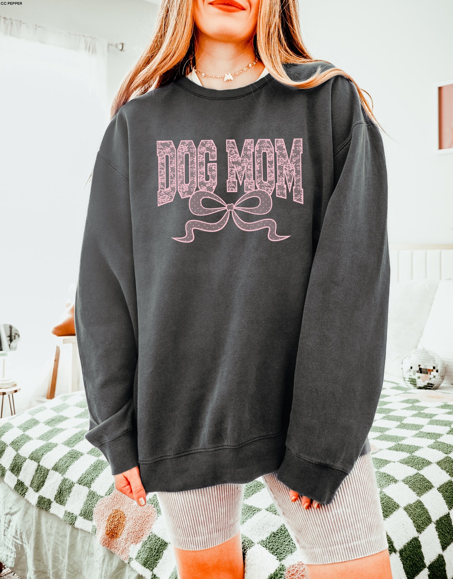 Dog Mom Lace with Bow in Baby Pink Ink