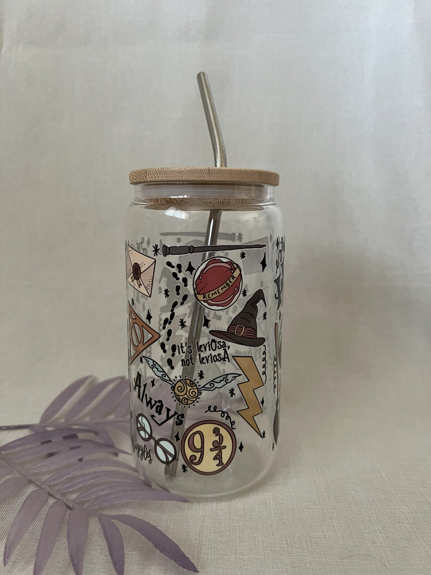 RTS - HP 16oz Glass Cup with Bamboo Lid & Metal Straw - CLEARANCE