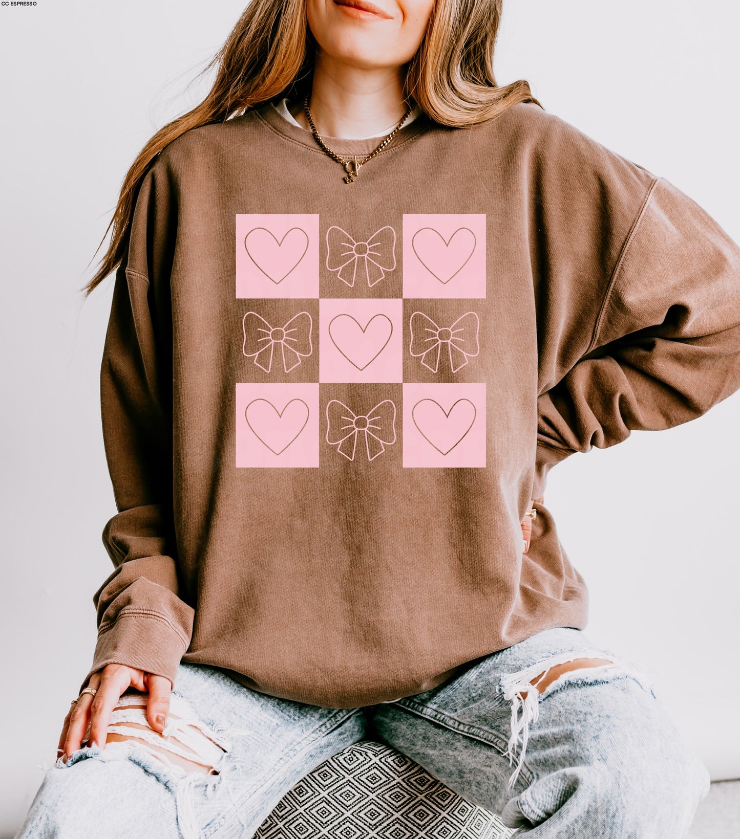 Hearts & Bows Checkered in Baby Pink Ink