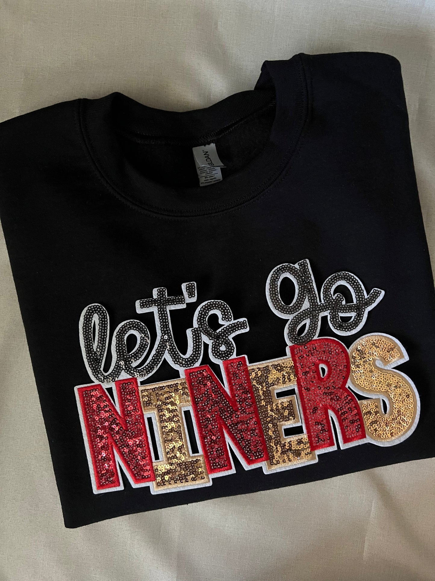 Let’s Go NINERS in Red & Gold Sequin PATCH - GILDAN CREWNECK ONLY