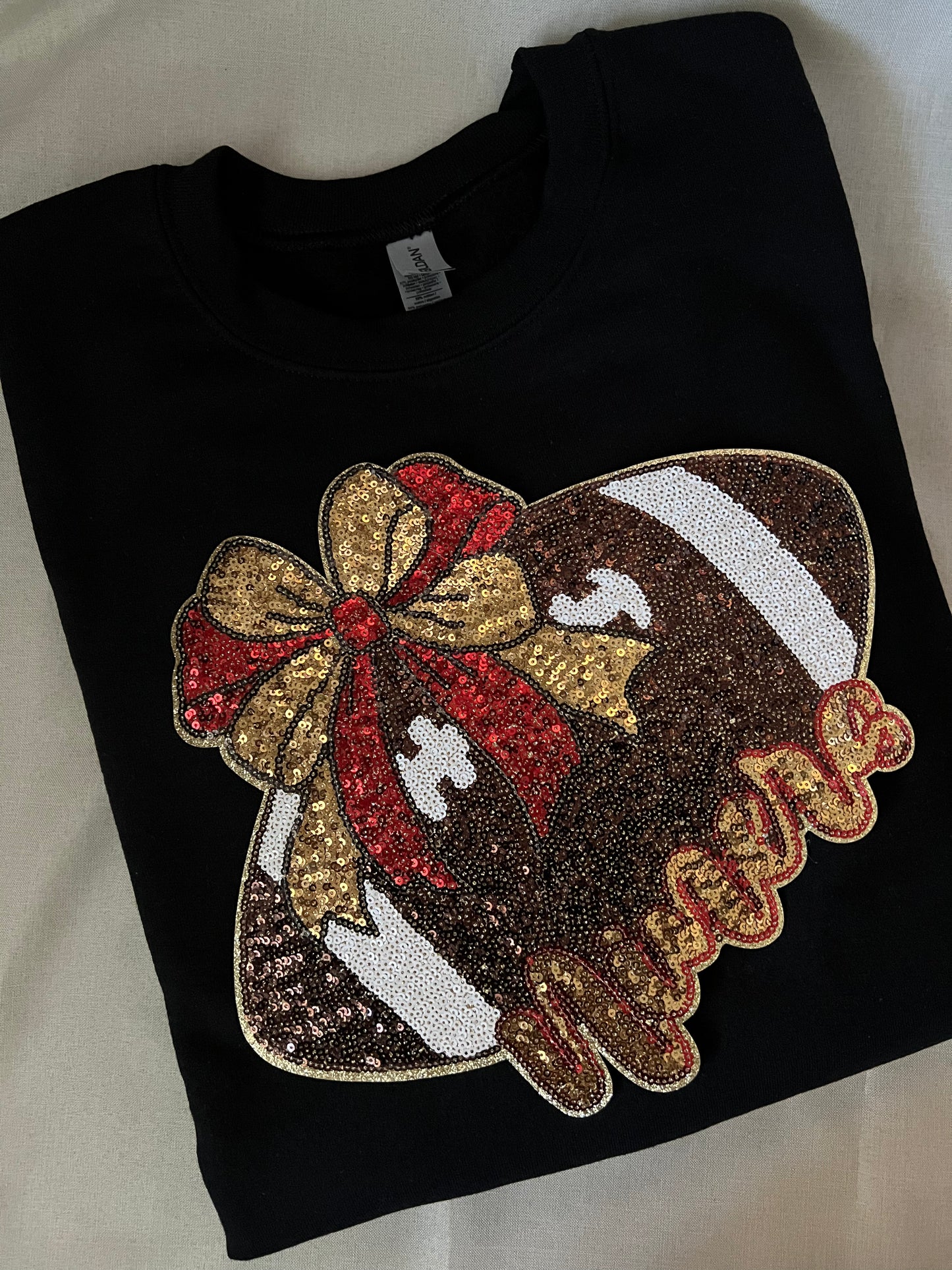 Niners with Football & Bow in Red & Gold Sequin PATCH - GILDAN CREWNECK ONLY