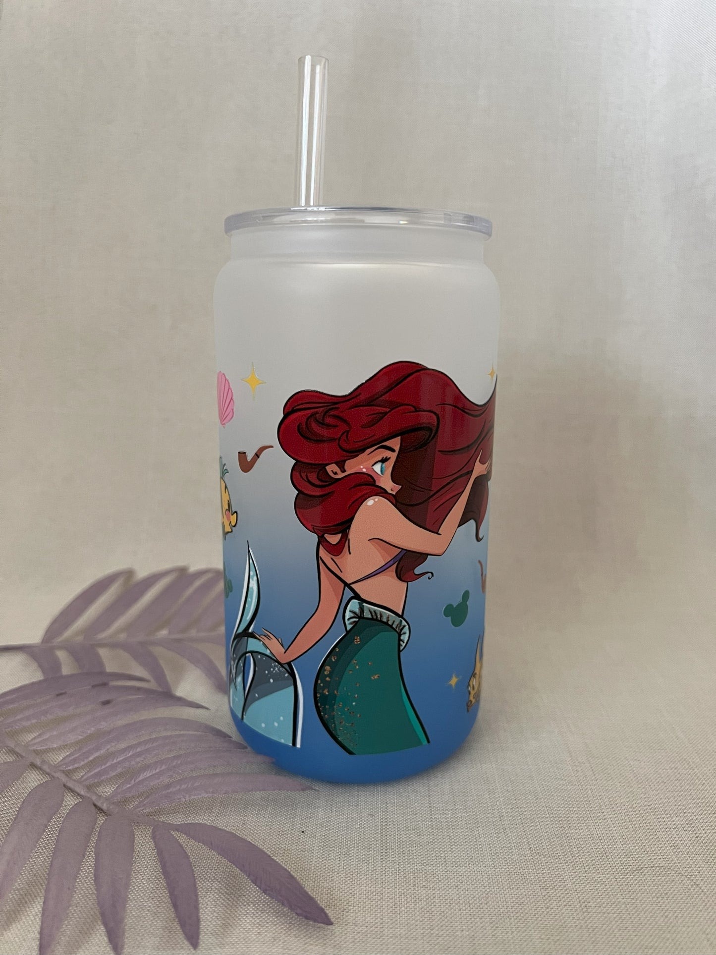 RTS - Red Hair Mermaid 16oz Blue Ombre Glass Cup with Plastic Lid & Straw