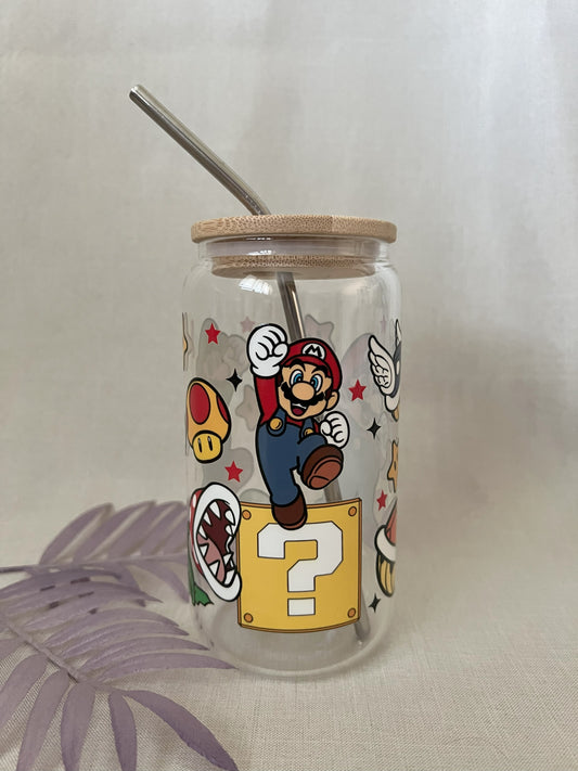 Mario Kart 16oz Glass Can with Bamboo Lid & Metal Straw
