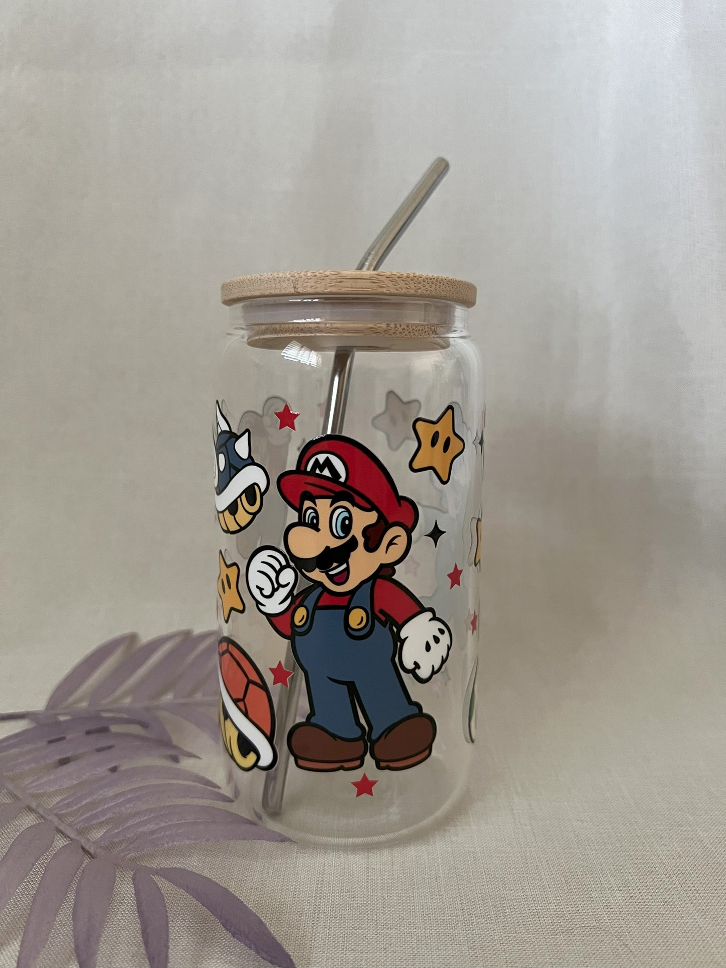 Mario Kart 16oz Glass Can with Bamboo Lid & Metal Straw