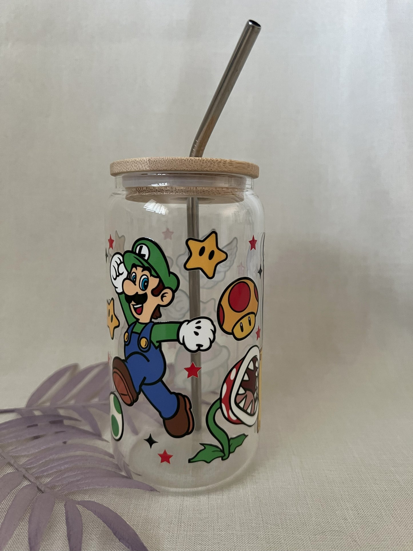 RTS - Mario 16oz Glass Cup with Bamboo Lid & Metal Straw - CLEARANCE