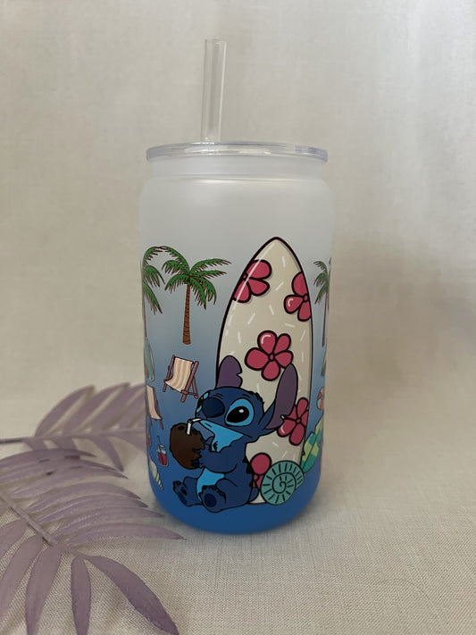 Blue Alien 16oz Blue Ombre Glass Can with Plastic Lid & Straw