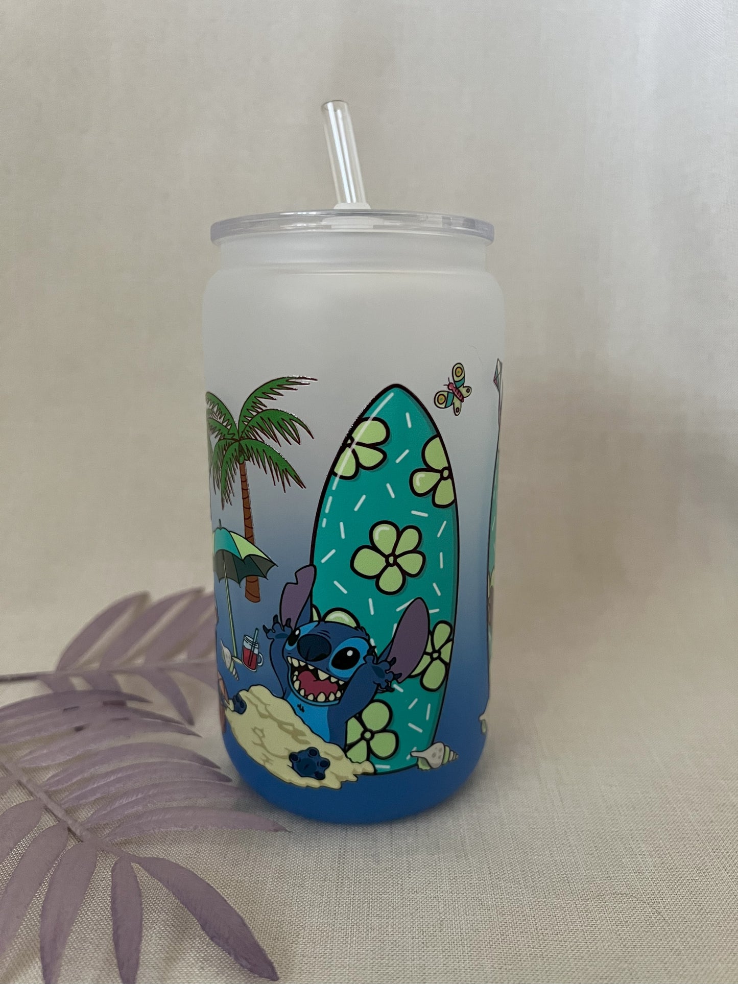 Blue Alien 16oz Blue Ombre Glass Can with Plastic Lid & Straw