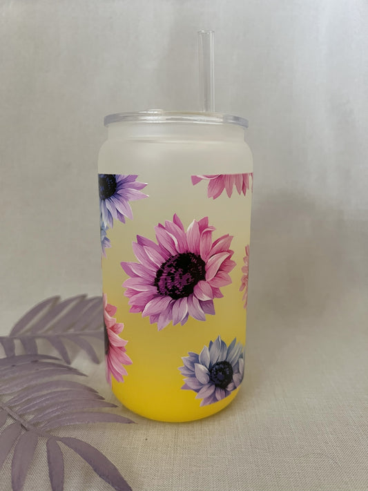 Sunflowers 16oz Yellow Ombre Glass Can with Plastic Lid & Straw