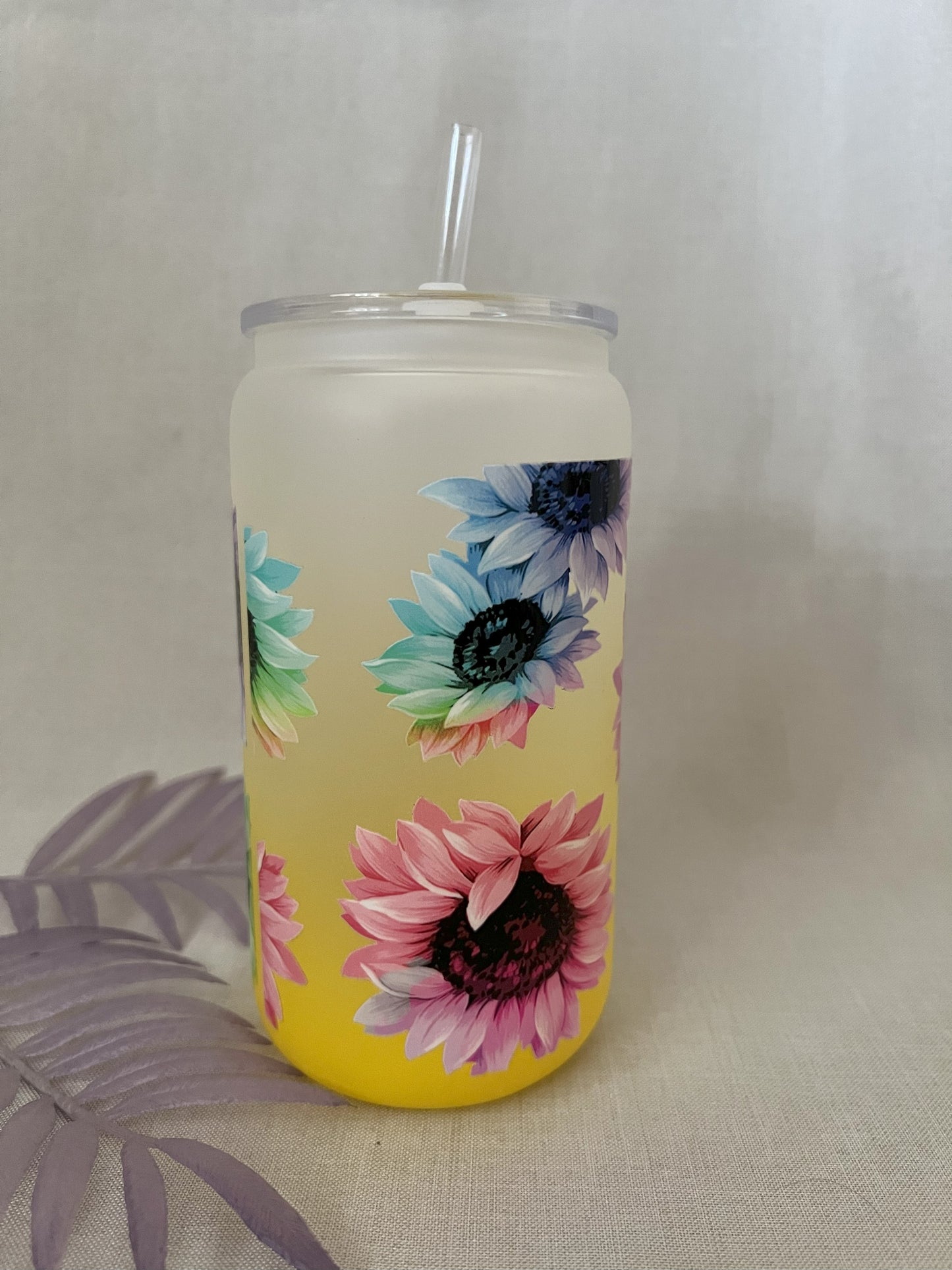 Sunflowers 16oz Yellow Ombre Glass Can with Plastic Lid & Straw