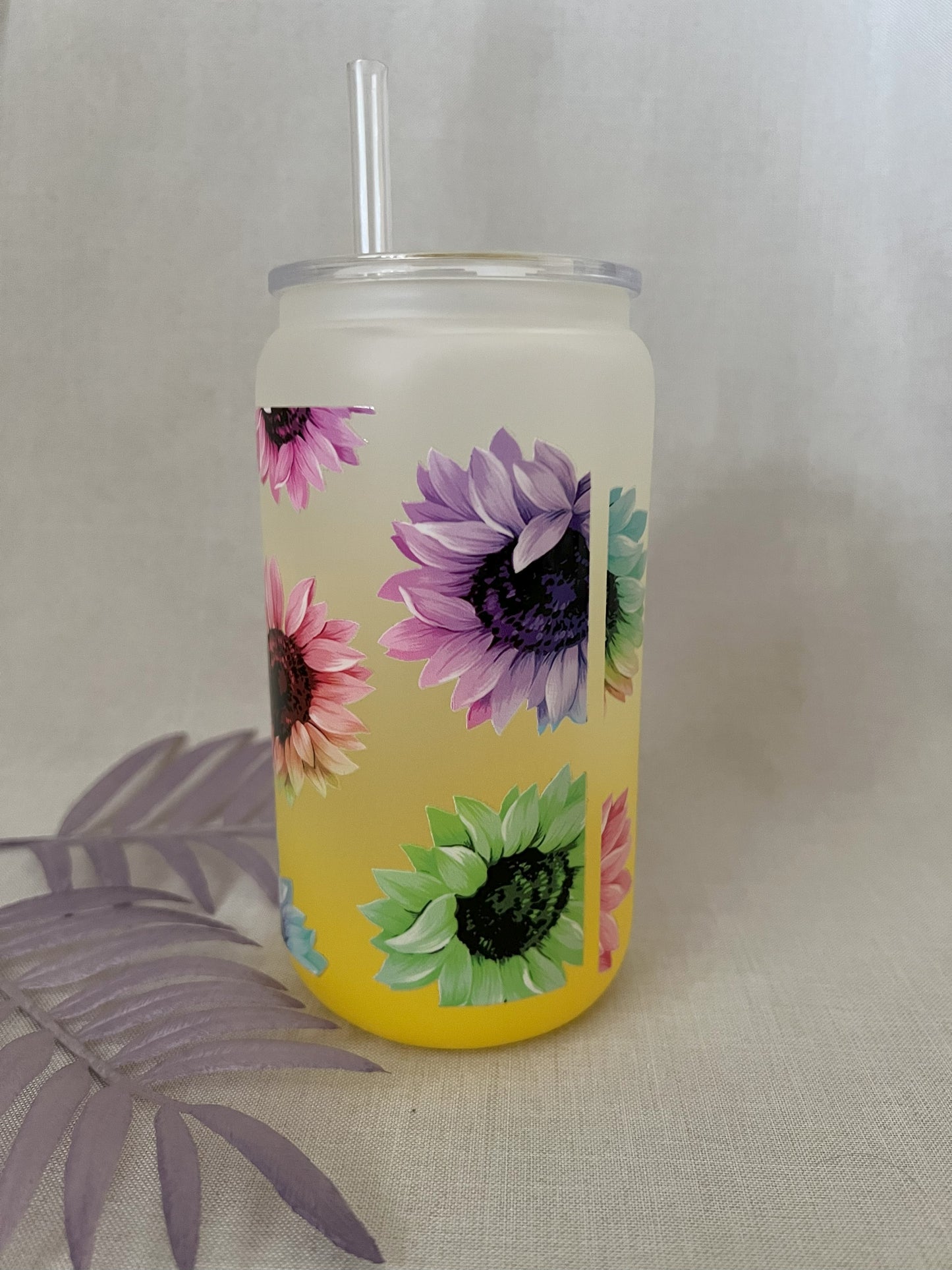 Sunflowers 16oz Yellow Ombre Glass Can with Plastic Lid & Straw