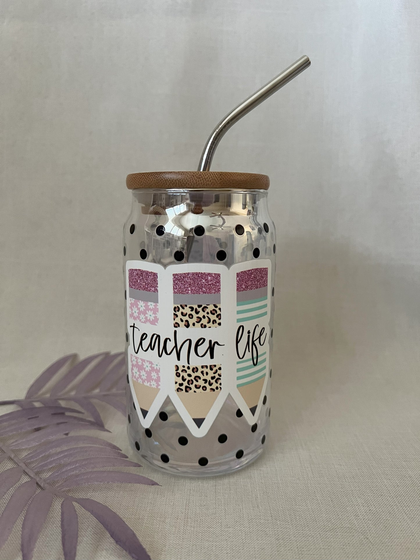 RTS - Teacher Life 16oz Glass Cup with Bamboo Lid & Metal Straw - CLEARANCE
