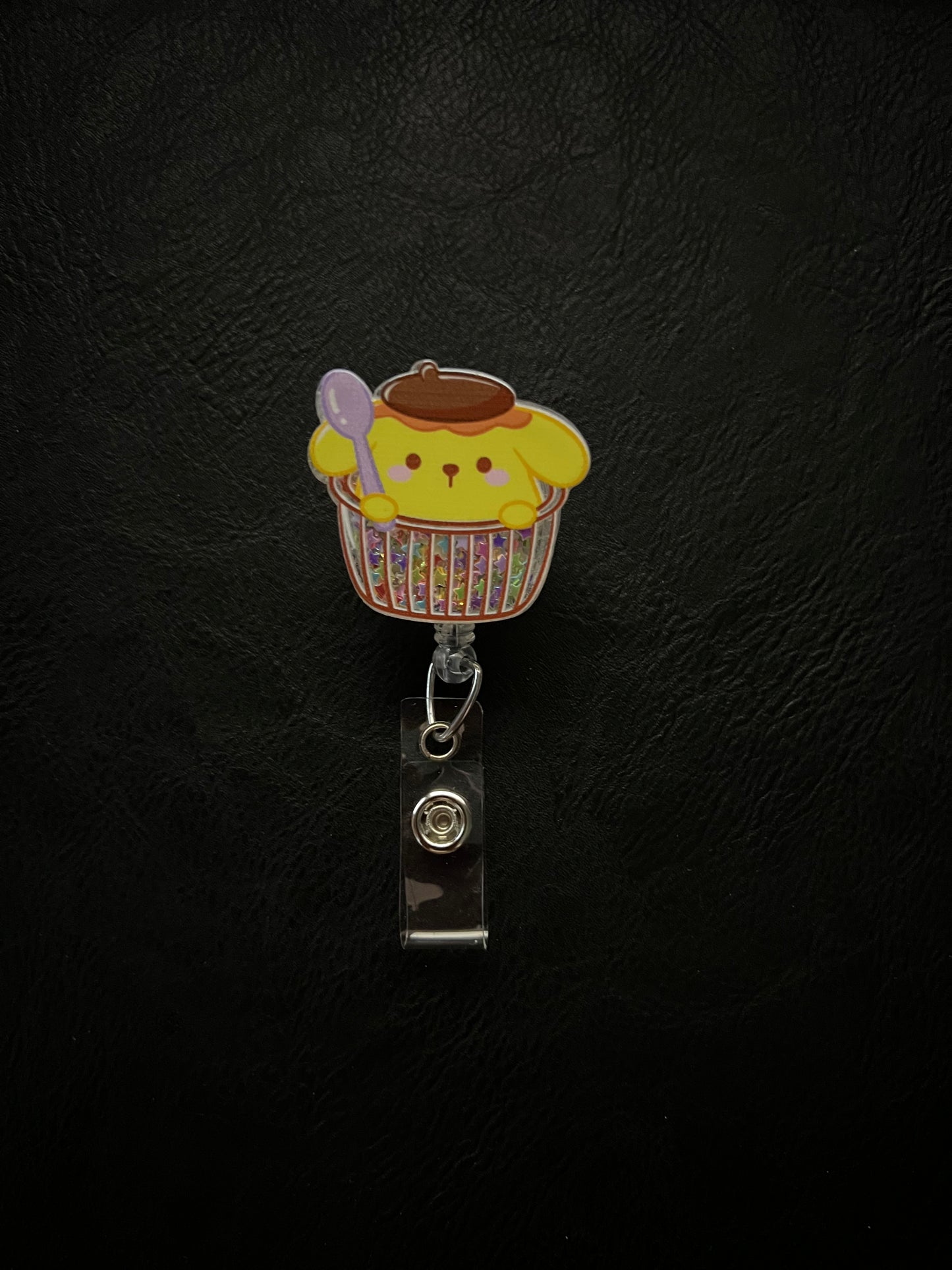 Kawaii Yellow Dog Cupcake Badge Reel with Alligator Clip