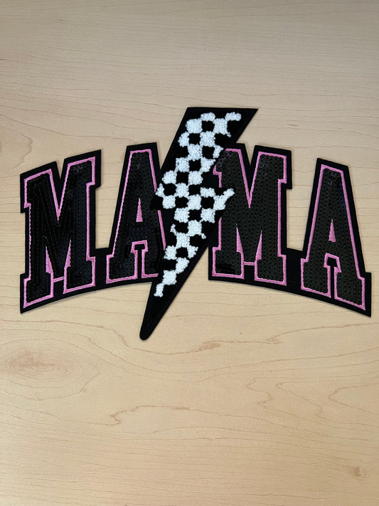 MAMA Checkered Lightning Bolt Pink Sequin PATCH - GILDAN CREWNECK ONLY