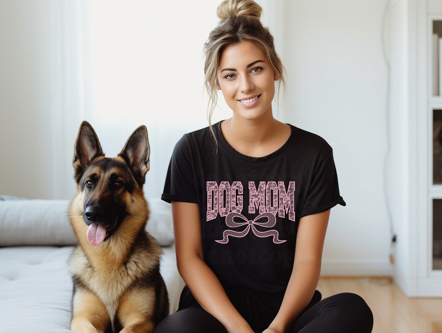 Dog Mom Lace with Bow in Baby Pink Ink