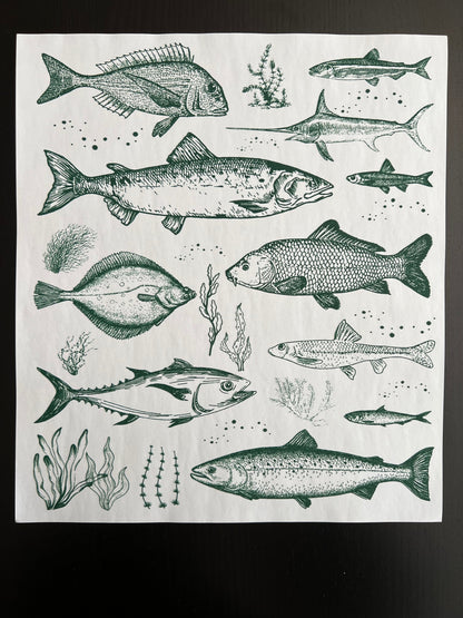 Fish Collage in Hunter Green Ink