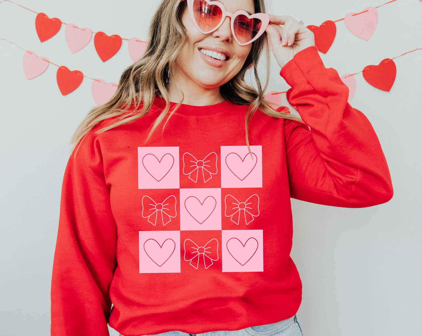 Hearts & Bows Checkered in Baby Pink Ink