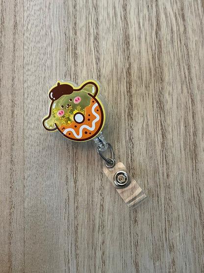 Kawaii Yellow Dog Donut Badge Reel with Alligator Clip