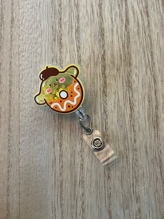 Kawaii Yellow Dog Donut Badge Reel with Alligator Clip