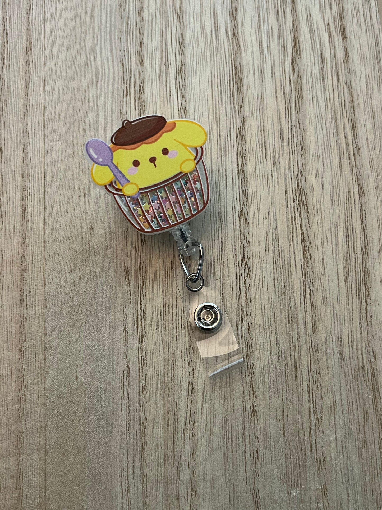 Kawaii Yellow Dog Cupcake Badge Reel with Alligator Clip